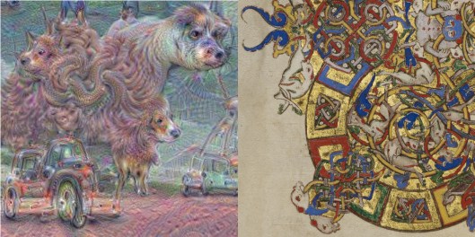 A sinistra l'elaborazione di Google e a destra un particolare della decorazione di un Breviario cassinese conservato al Paul Getty Museum